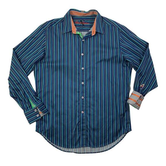 Robert Graham Shirt Mens L Large Navy Multi Cotton Flip Cuff Striped Button Up - Picture 1 of 11